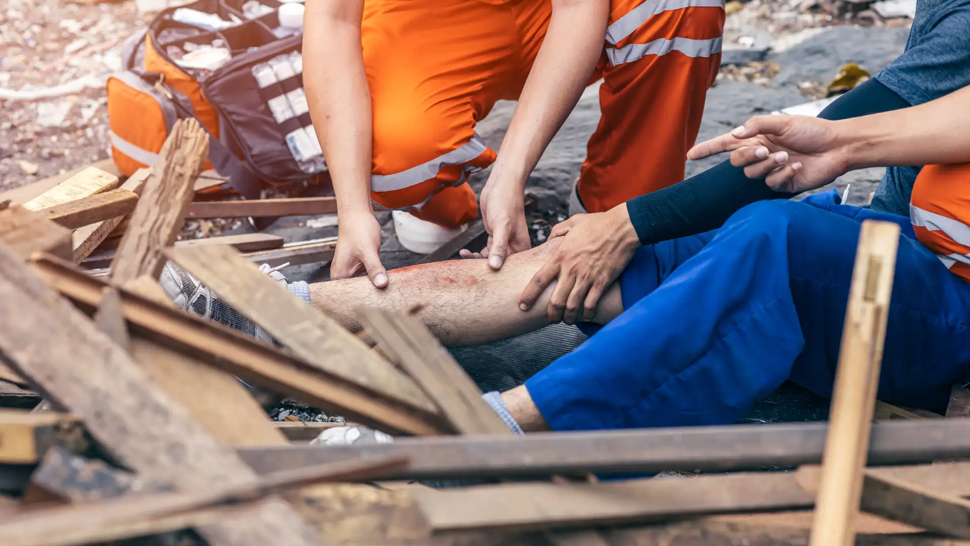 Emergency responder assisting an injured person with a wounded leg among debris at an accident scene
